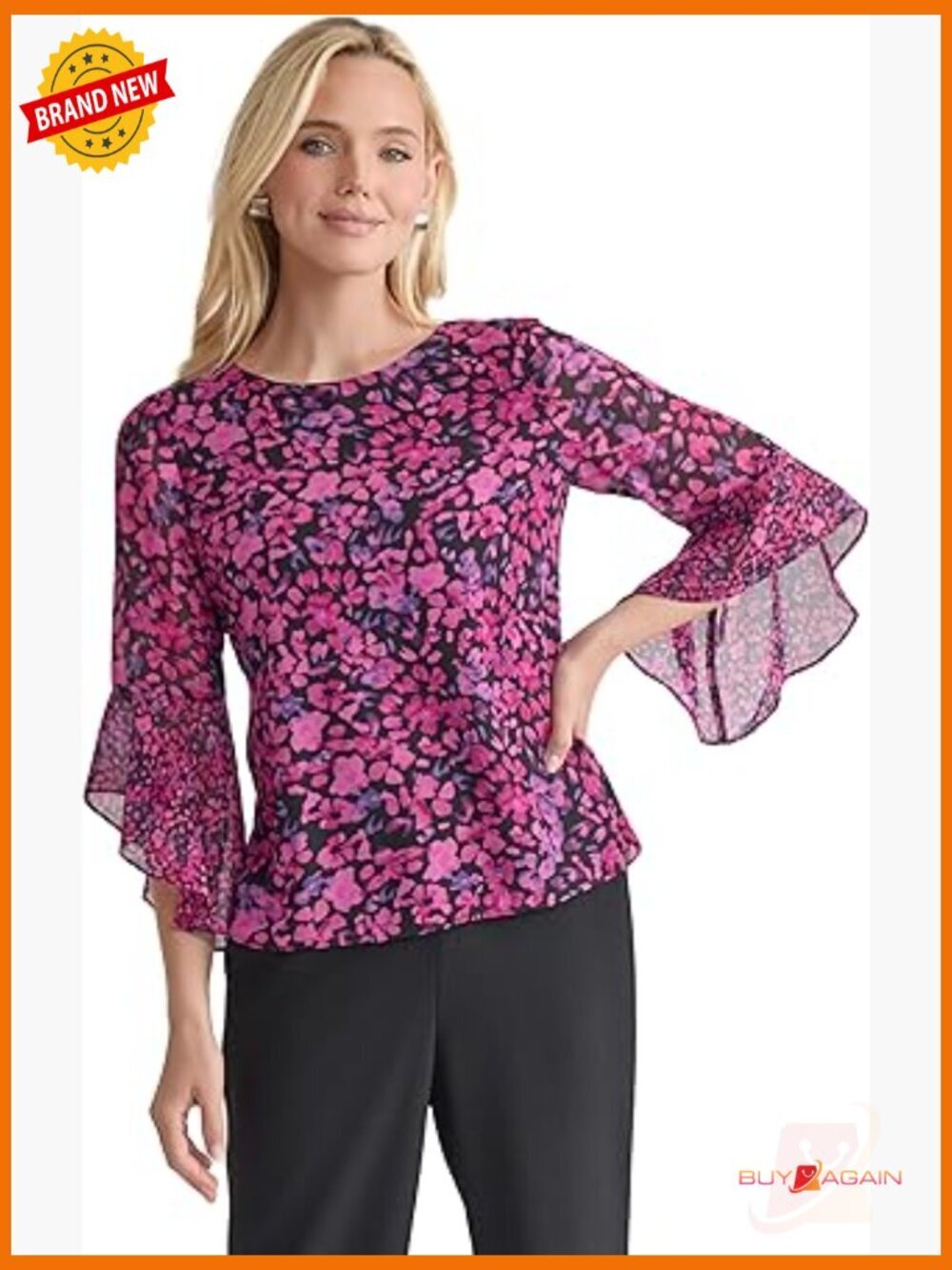 Petite Ruffle Sleeve Printed Blouse, Floral Pattern, Lightweight Polyester